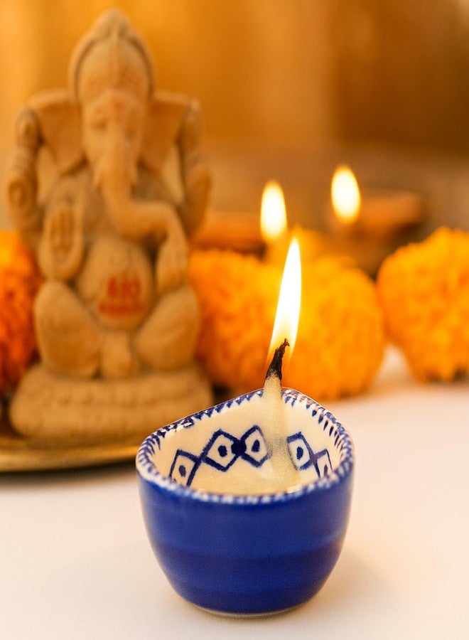 Indian-Shelf IndianShelf 6 Piece Diwali Diyas Blue and White Puja Oil Lamp Ceramic Diya Deepam Deepak Blue Pottery Bulk Diwali Gifts Home Temple Puja Articles Mandir Decor Diwali Housewarming Return Gift - Image 3